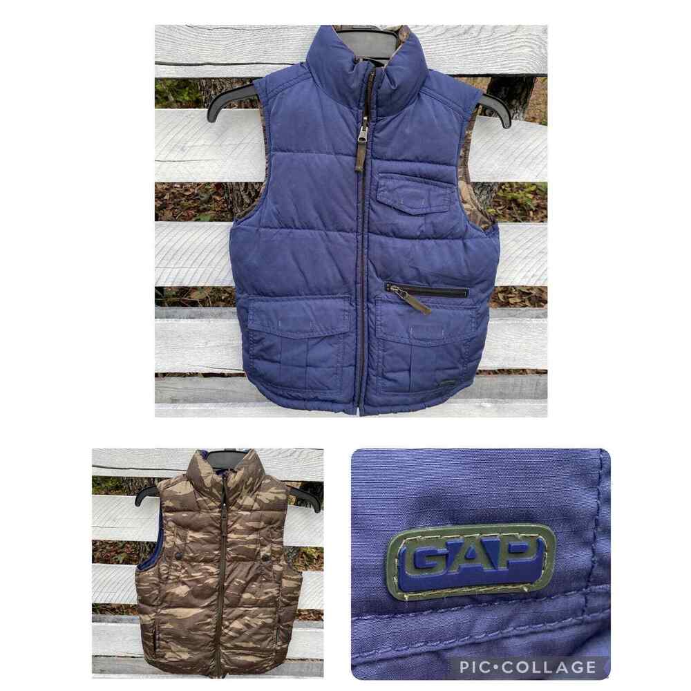 Gap Kids Reversible Puffer Vest  Sz S 6 7 Navy Blue Camouflage Camo Quilted Warm